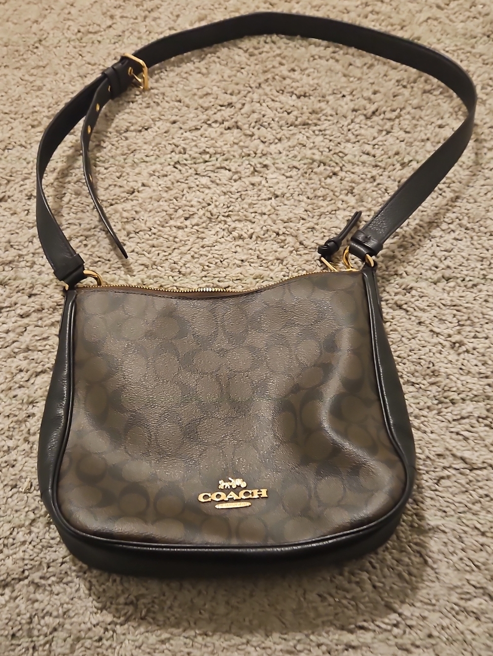 Coach Brown and Black Signature Crossbody Bag with Gold Hardware